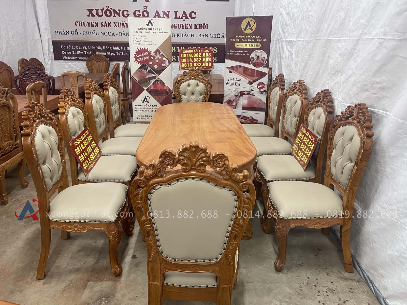 Bàn ăn bầu dục kết hợp 10 ghế bọc đệm gỗ gõ đỏ siêu vip (Chú Nghĩa - Hưng Yên) 22 bộ bàn ăn 10 ghế hoàng gia