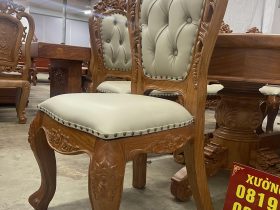 Bàn ăn bầu dục kết hợp 10 ghế bọc đệm gỗ gõ đỏ siêu vip (Chú Nghĩa - Hưng Yên) 15 thiết kế chân liền vách