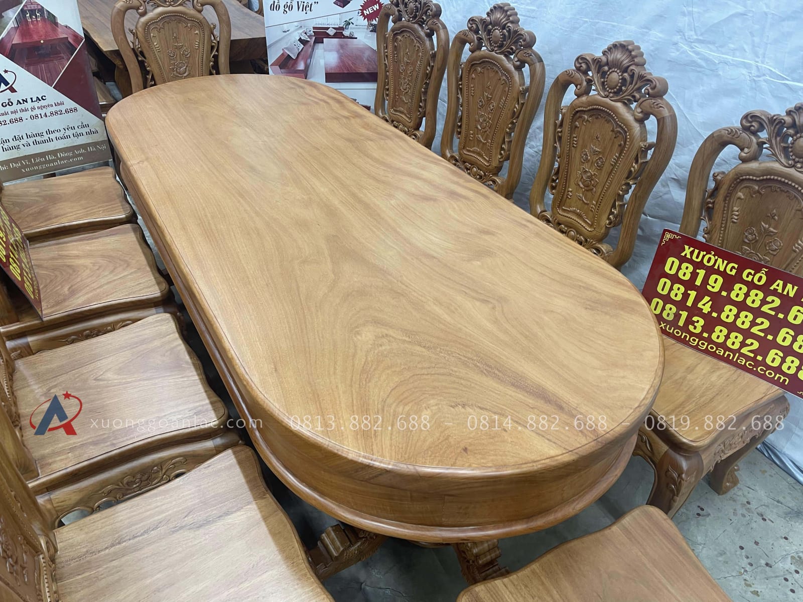 Bàn ăn tròn bầu dục cùng 10 ghế hồng hạt gỗ gõ đỏ (Anh Điền,Vĩnh Phúc) 20 bàn ăn bầu dục dài 2m30x90