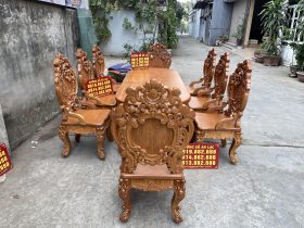Bộ bàn ăn bầu dục cùng 8 ghế louis gỗ gõ đỏ cao cấp (Anh Quyền, Thái Bình) 7 bộ bàn ghế louis hoàng gia gỗ gõ đỏ