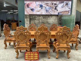 Bộ bàn ăn bầu dục cùng 8 ghế louis gỗ gõ đỏ cao cấp (Anh Quyền, Thái Bình) 8 bàn ăn gỗ gõ đỏ