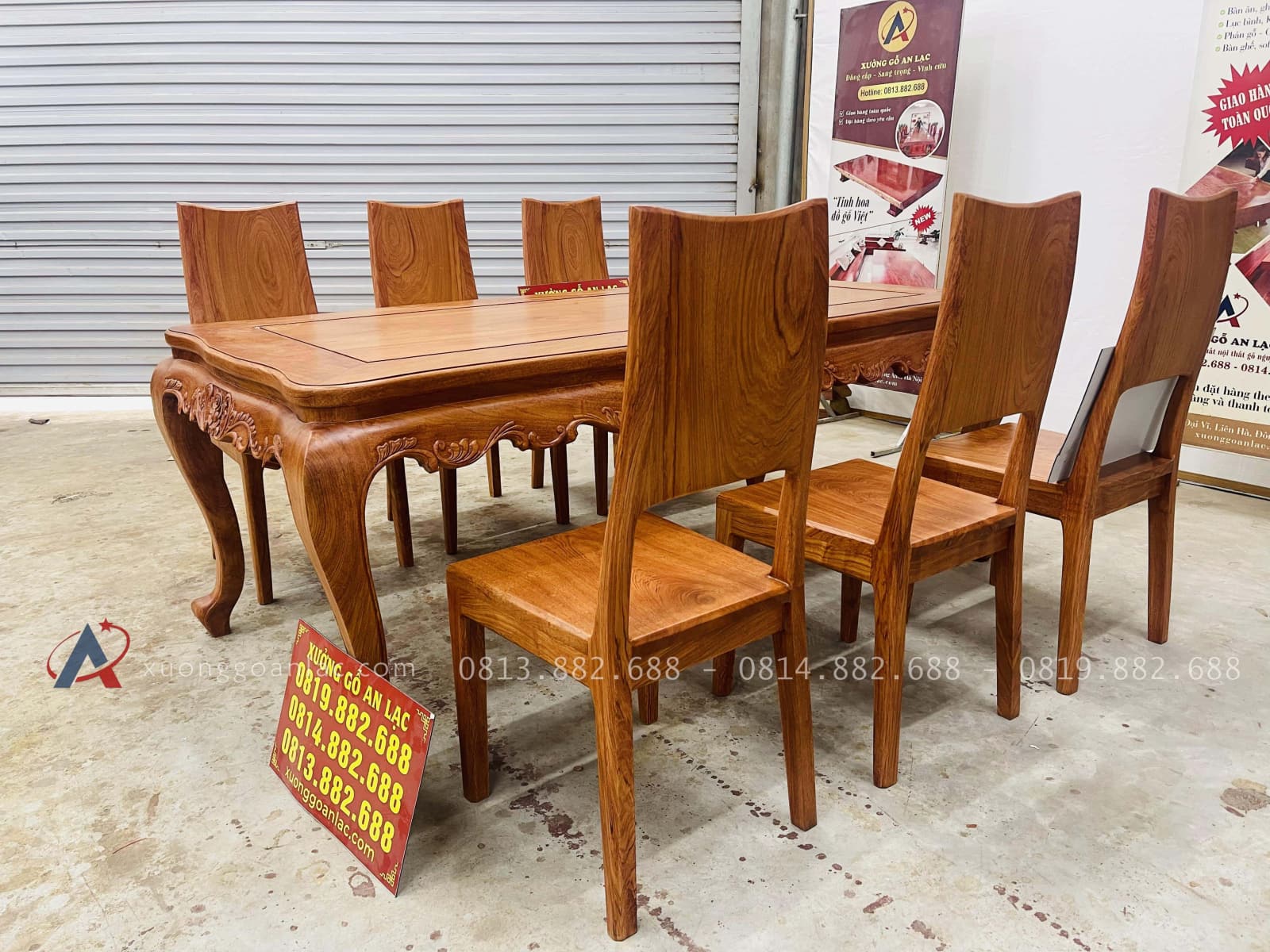 Bàn ăn hoàng gia kết hợp 6 ghế hiện đại gỗ hương đá (Anh Tân, Hải Dương) 19 bộ bàn ăn 6 ghế hiện đại