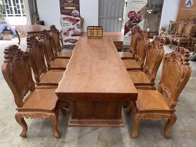Bàn ghế gỗ nguyên khối 12 bàn ăn nguyên khối 8 ghế louis gỗ hương đá
