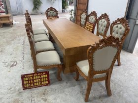 Bàn ăn nguyên khối và 10 ghế bọc đệm gỗ gõ đỏ (Anh Thắng, Phú Thọ) 11 bộ bàn ăn 10 ghế phong cách hoàng gia