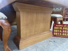 Bàn ăn nguyên khối và 10 ghế bọc đệm gỗ gõ đỏ (Anh Thắng, Phú Thọ) 14 chân bàn nguyên khối dày 15p