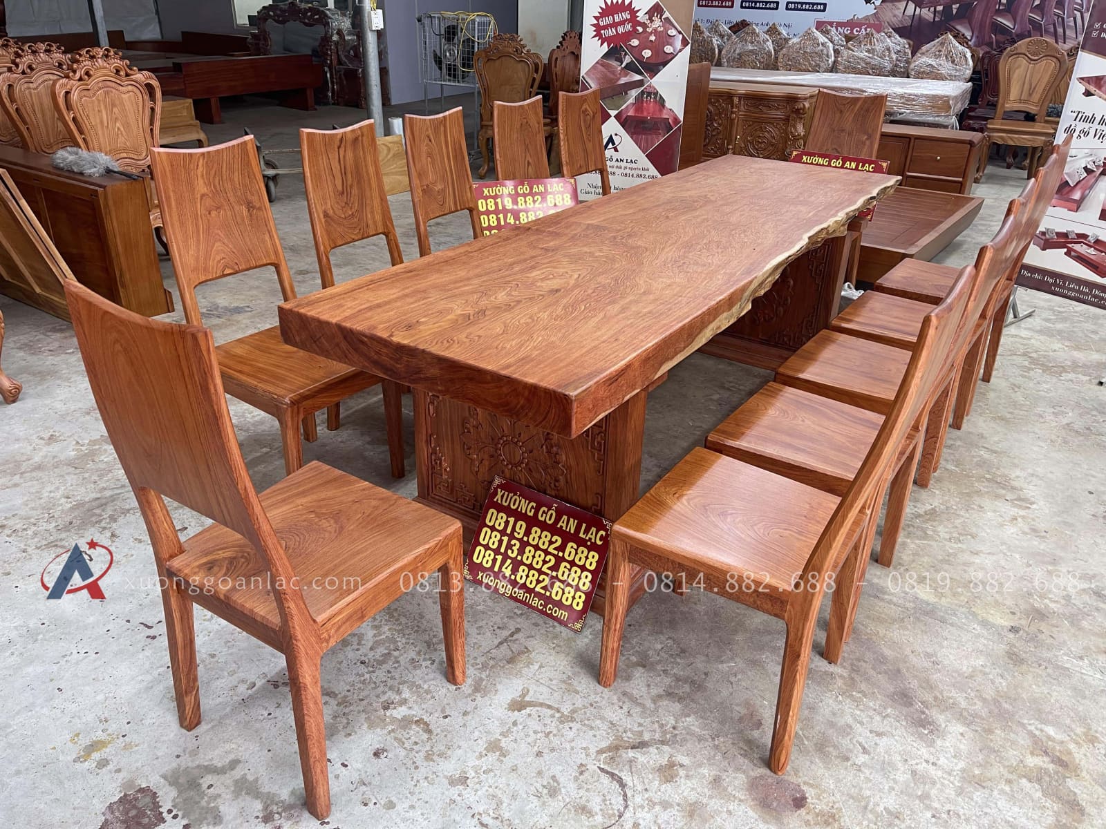 Bộ bàn ăn nguyên khối 2m74 và 12 ghế trơn hiện đại gỗ hương đá (Anh Nam, Ninh Bình) 21 bộ bàn ăn 12 ghế siêu vip