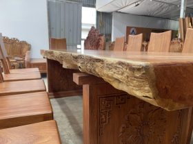 Bộ bàn ăn nguyên khối 2m74 và 12 ghế trơn hiện đại gỗ hương đá (Anh Nam, Ninh Bình) 13 bàn nguyên khối dày 10p