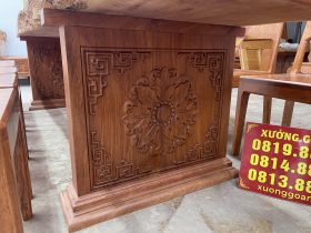 Bộ bàn ăn nguyên khối 2m74 và 12 ghế trơn hiện đại gỗ hương đá (Anh Nam, Ninh Bình) 15 chân bàn nguyên khối chạm hoa lá tây