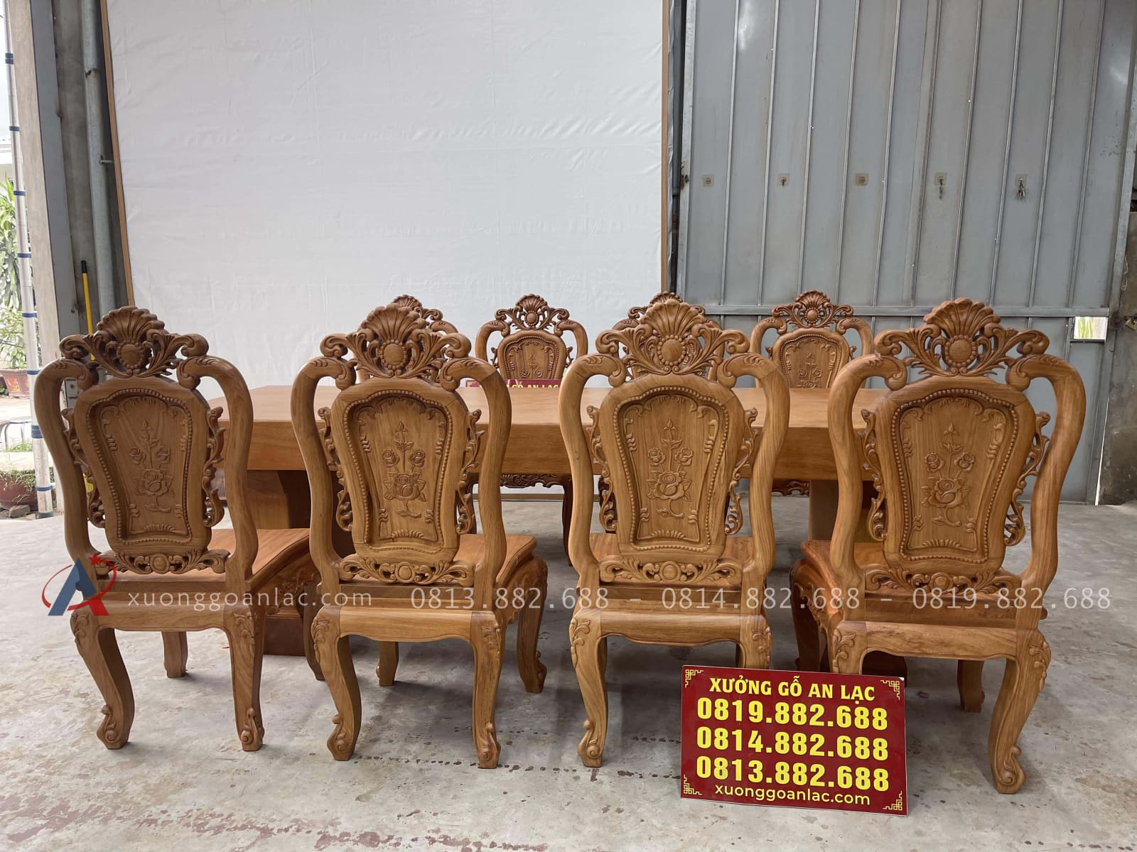 Bộ bàn ăn nguyên khối và 8 ghế hồng hạt gỗ gõ đỏ (Chị Hồng, Hải Phòng) 25 bộ bàn ăn 8 ghế cao cấp