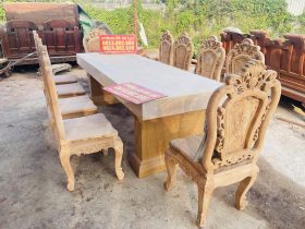 Hàng mộc bàn ăn nguyên khối dày 15cm cùng 10 ghế hồng hạt đục 2 mặt gỗ gõ đỏ (Anh Vinh,Thanh Hóa) 12 bộ bàn ghế ăn gỗ gõ đỏ