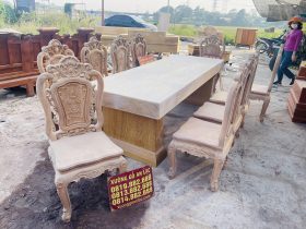 Hàng mộc bàn ăn nguyên khối dày 15cm cùng 10 ghế hồng hạt đục 2 mặt gỗ gõ đỏ (Anh Vinh,Thanh Hóa) 13 bàn ăn nguyên khối kết hợp ghế louis