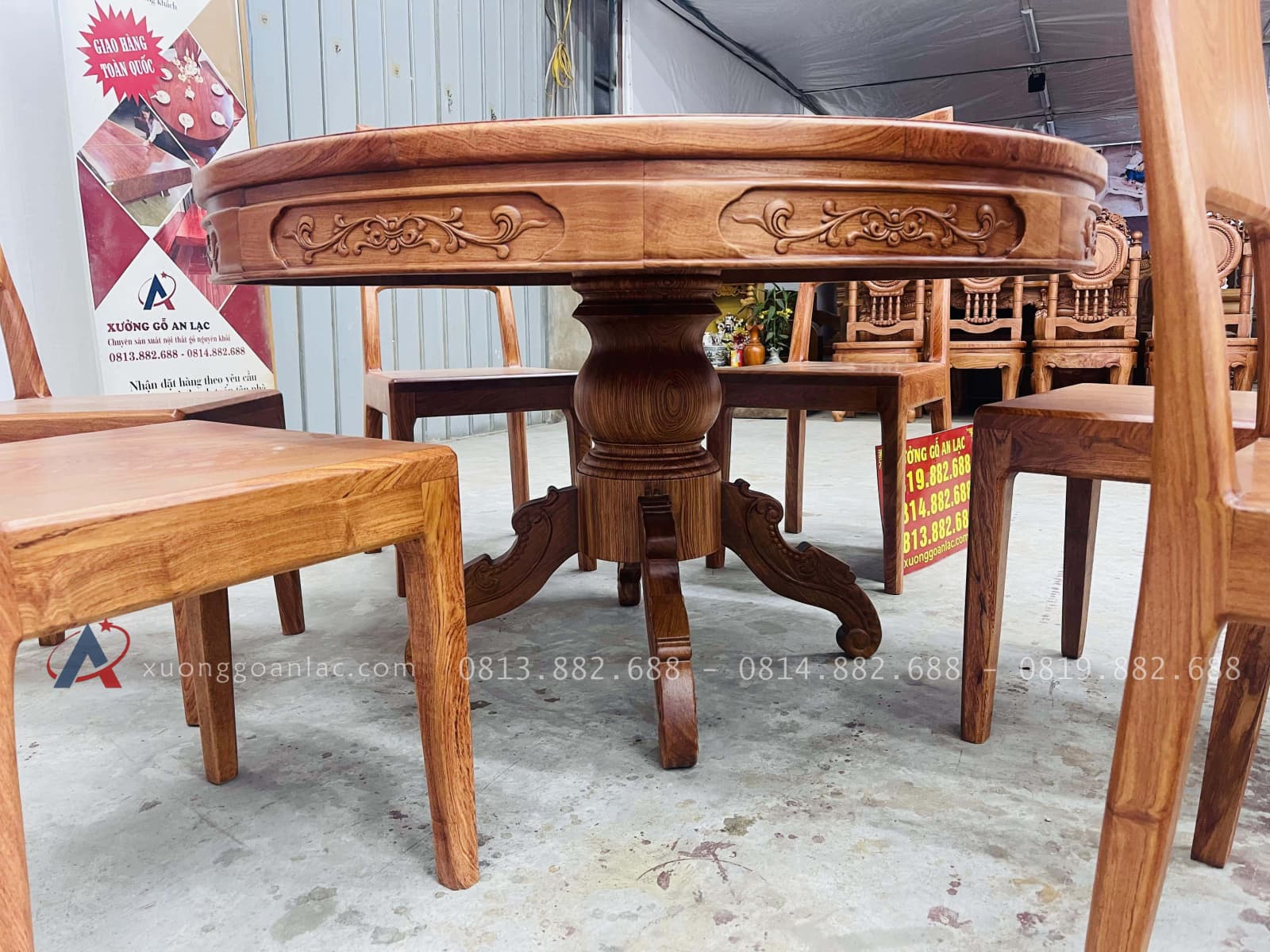 Bộ bàn ăn tròn 6 ghế hiện đại gỗ hương đá cao cấp (Chú Hiển, Ninh Bình) 17 bàn ăn thiết kế chân trụ