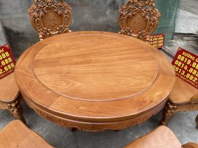 Bộ bàn ăn tròn kết hợp 6 ghế louis gỗ gõ đỏ (Chú Hữu, Hà Nam) 8 bàn ăn tròn khung ván