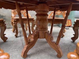 Bộ bàn ăn tròn kết hợp 6 ghế louis gỗ gõ đỏ (Chú Hữu, Hà Nam) 9 chân bàn trụ 25p