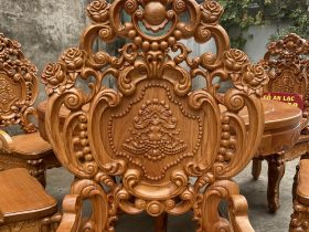 Bộ bàn ăn tròn kết hợp 6 ghế louis gỗ gõ đỏ (Chú Hữu, Hà Nam) 12 vách ghế đục full họa tiết tinh xảo