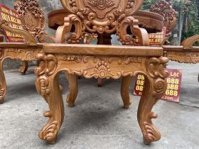 Bộ bàn ăn tròn kết hợp 6 ghế louis gỗ gõ đỏ (Chú Hữu, Hà Nam) 13 hệ chân và yếm ghế đục hoa lá tây