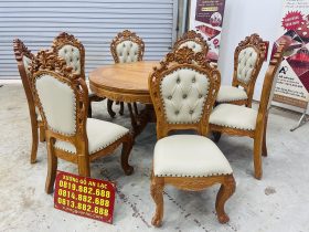 bàn ăn tròn 8 ghế louis gỗ gõ đỏ bọc đệm da cao cấp
