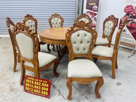 bàn ăn tròn 8 ghế louis gỗ gõ đỏ bọc đệm da cao cấp