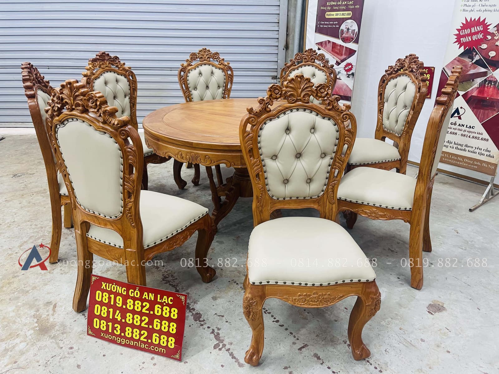 Bộ bàn ăn tròn 8 ghế louis bọc đệm gỗ gõ đỏ hàng đẹp (Chị Thảo, Hai Bà Trưng) 22 bàn ăn tròn 8 ghế louis gỗ gõ đỏ bọc đệm da cao cấp