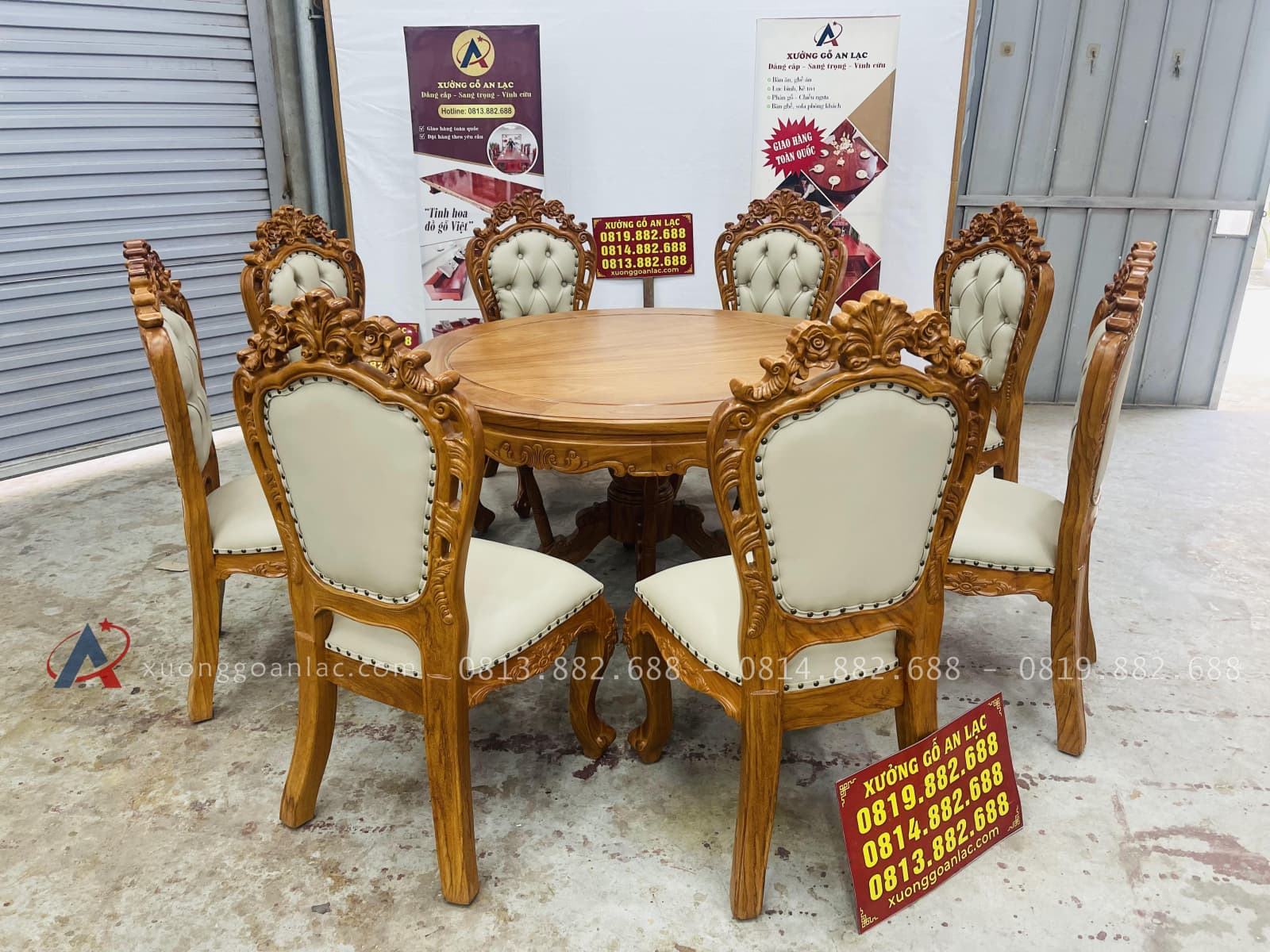 Bộ bàn ăn tròn 8 ghế louis bọc đệm gỗ gõ đỏ hàng đẹp (Chị Thảo, Hai Bà Trưng) 23 bộ bàn ăn 8 ghế
