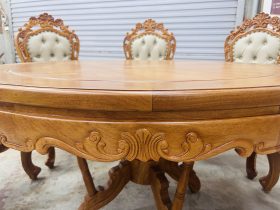 Bộ bàn ăn tròn 8 ghế louis bọc đệm gỗ gõ đỏ hàng đẹp (Chị Thảo, Hai Bà Trưng) 14 yếm bàn vén lượn hoa lá tây