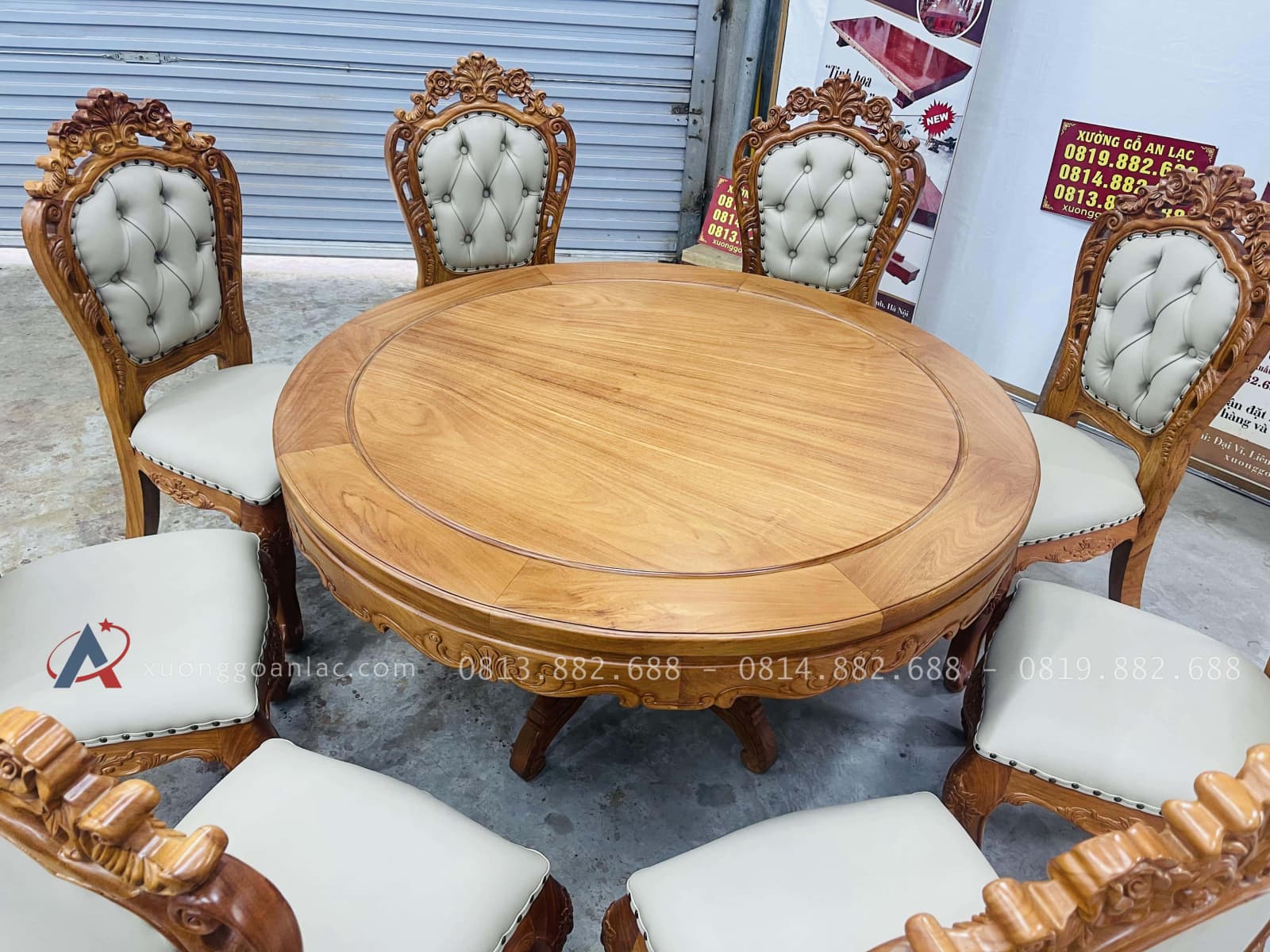 Bộ bàn ăn tròn 8 ghế louis bọc đệm gỗ gõ đỏ hàng đẹp (Chị Thảo, Hai Bà Trưng) 27 bộ bàn ăn 8 ghế sang trọng