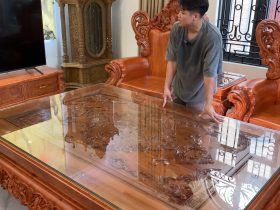 Bàn giao bàn ghế louis hoàng gia nguyên khối 10 món gỗ hương đá 11 bàn trà đục hoa lá tây