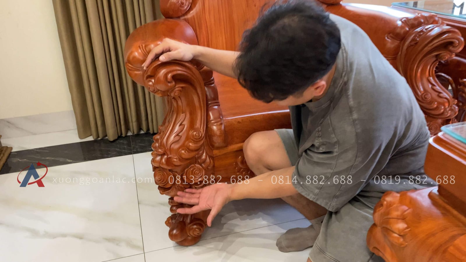 Bàn giao bàn ghế louis hoàng gia nguyên khối 10 món gỗ hương đá 26 chân ghế nguyên khối lá tây