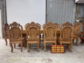 Bộ bàn ăn nguyên khối và 10 ghế hồng hạt gỗ gõ đỏ cao cấp (Chị Ngà, Ninh Bình) 12 bộ bàn ăn 10 ghế
