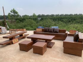 combo sofa góc và kệ tivi gỗ gõ đỏ nguyên khối