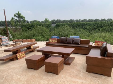 combo sofa góc và kệ tivi gỗ gõ đỏ nguyên khối