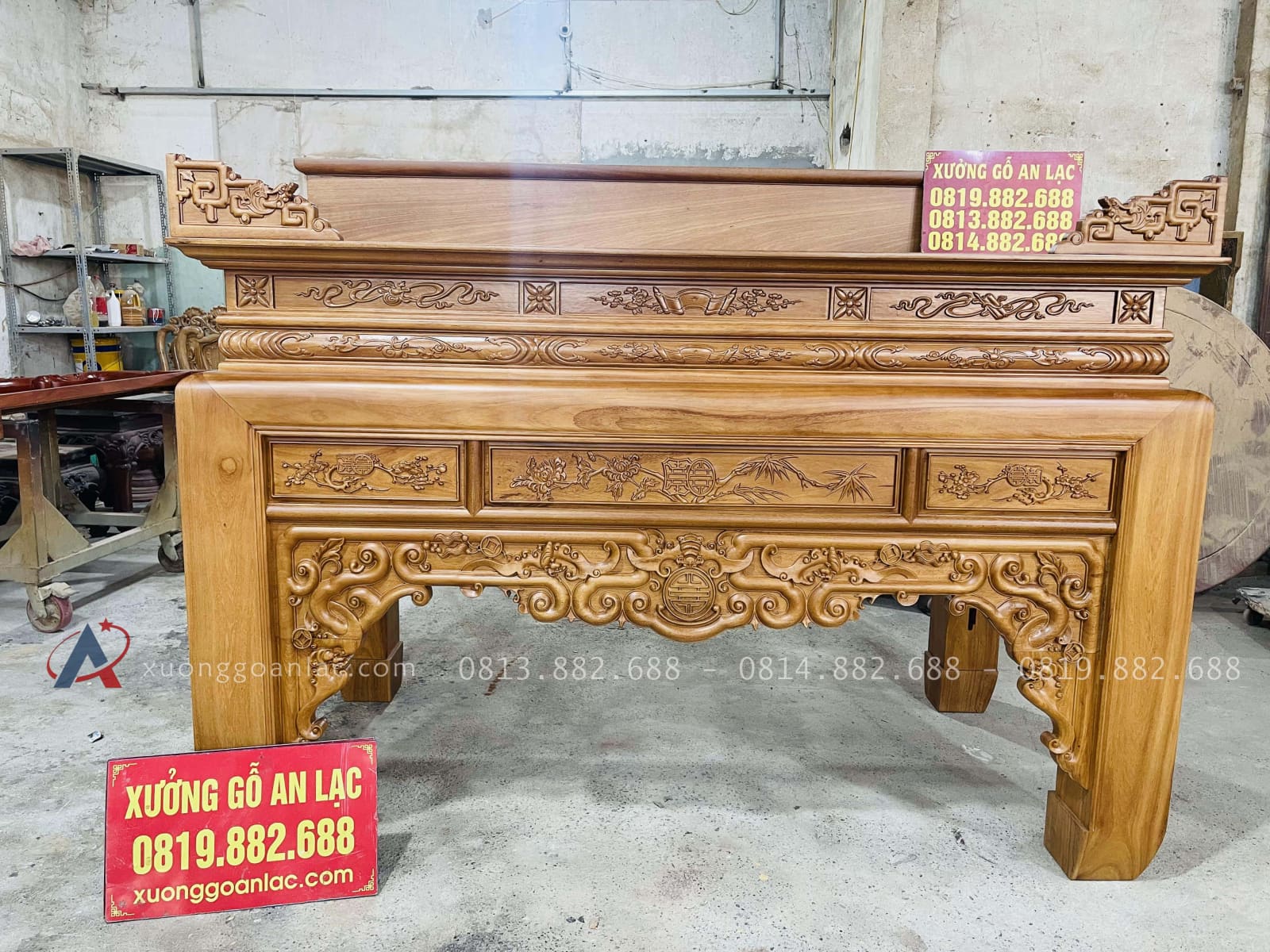 Án gian thờ Ngũ Phúc gỗ gõ đỏ chân 16 giao Huế 1 mẫu án gian thờ nhị cấp gỗ gõ đỏ