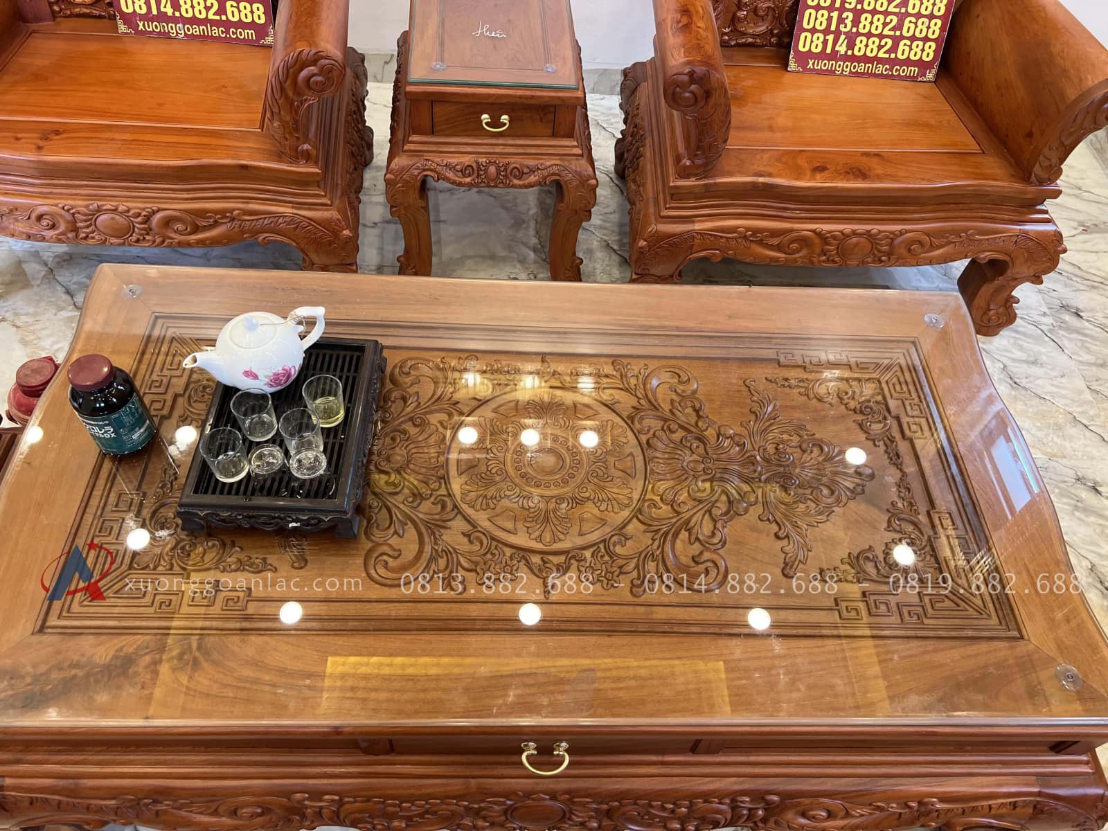 Combo bàn ghế hoàng gia gỗ hương và bàn ăn nguyên khối 10 ghế gỗ gõ đỏ (Anh Thượng, Cao Bằng) 15 bàn ghế louis hoàng gia đục hoa lá tây