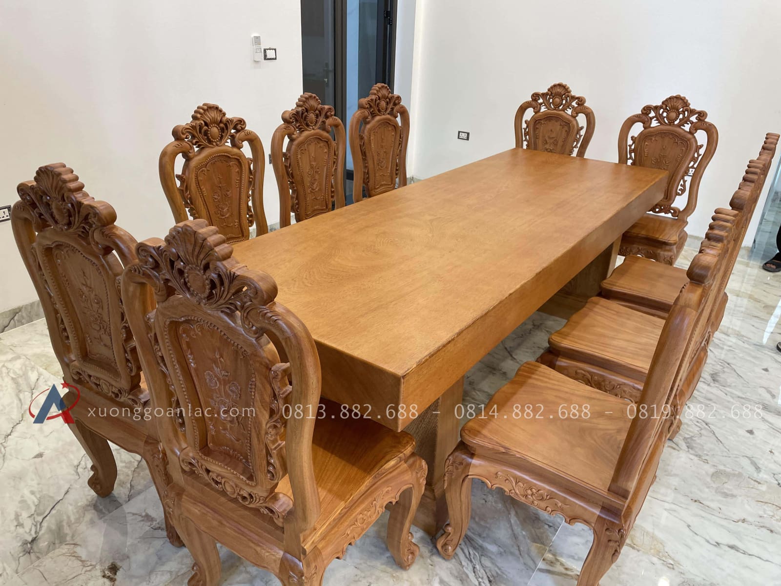 Combo bàn ghế hoàng gia gỗ hương và bàn ăn nguyên khối 10 ghế gỗ gõ đỏ (Anh Thượng, Cao Bằng) 19 bàn ăn nguyên khối dày 15p