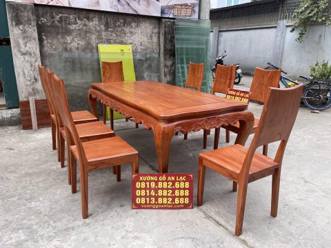 mẫu bàn ăn chân cong 8 ghế trơn gỗ hương đá