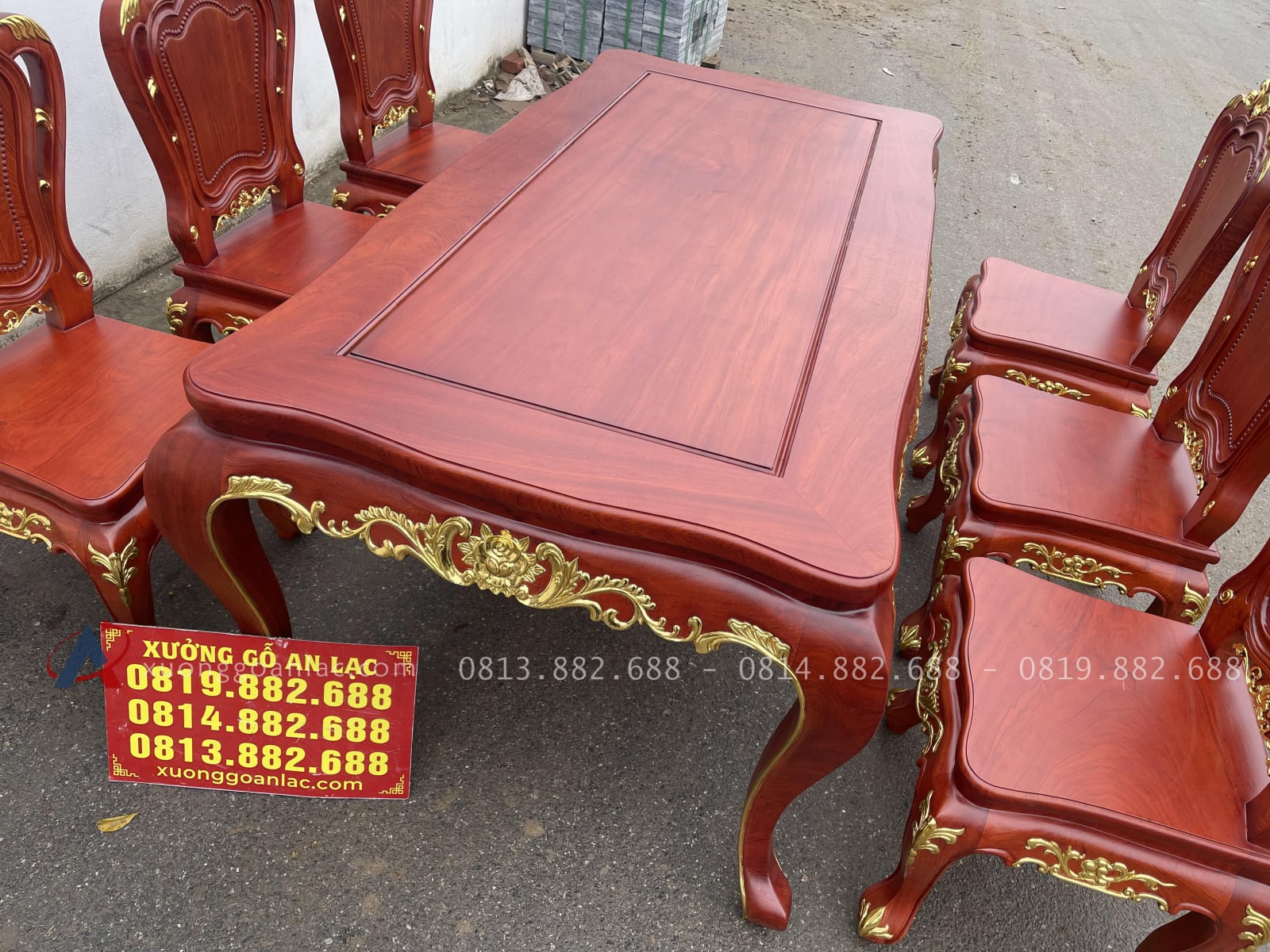 Bộ bàn ăn hoàng gia 6 ghế louis gỗ hương đá dát vàng (Chú Lăng, Bắc Giang) 26 bàn ăn gỗ hương đá