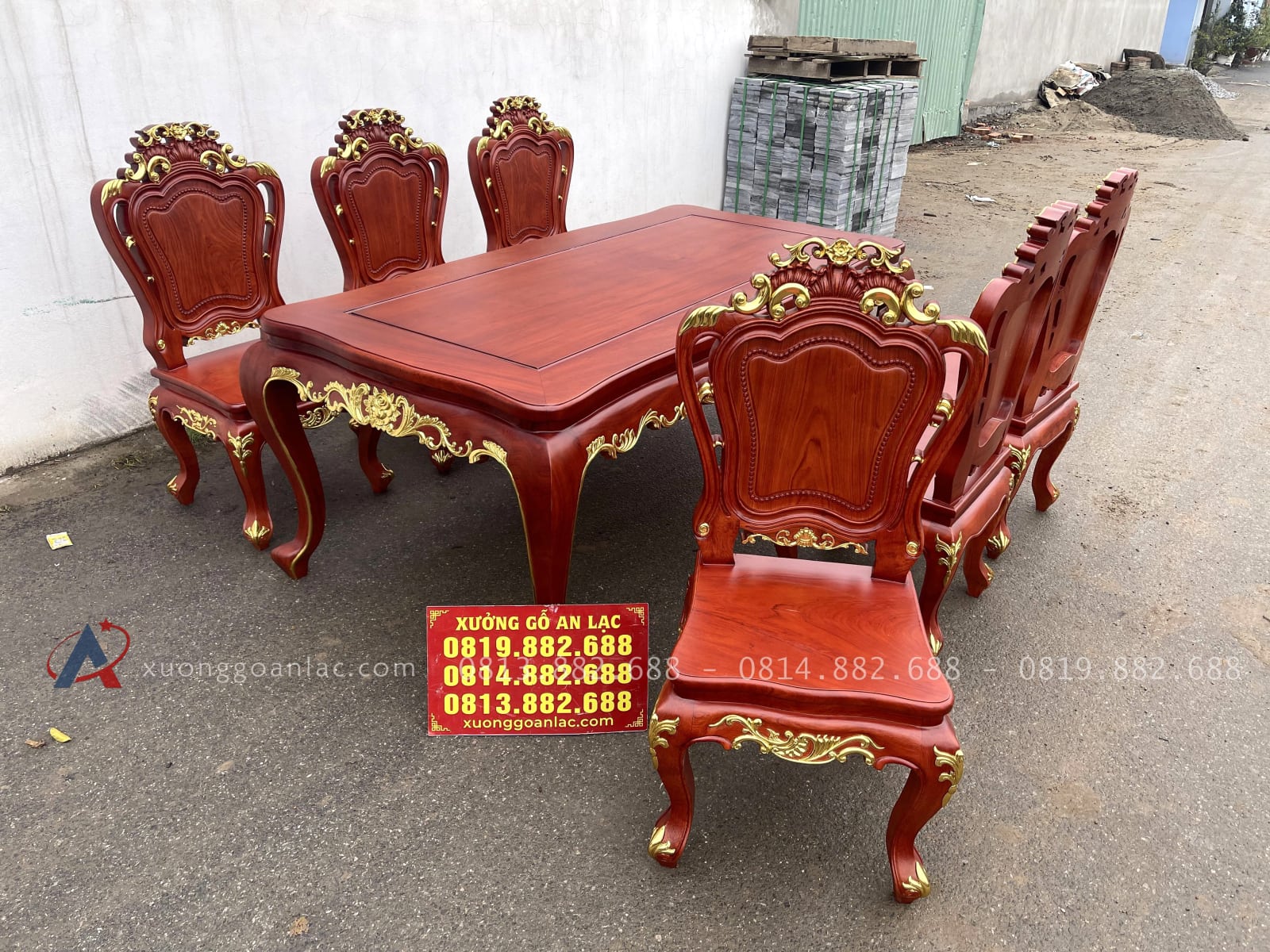 Bộ bàn ăn hoàng gia 6 ghế louis gỗ hương đá dát vàng (Chú Lăng, Bắc Giang) 29 bộ bàn ăn 6 ghế gỗ hương đá
