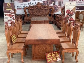 Bàn ghế gỗ nguyên khối 6 bàn ăn nguyên khối dày 15cm cùng 8 ghế louis gỗ hương