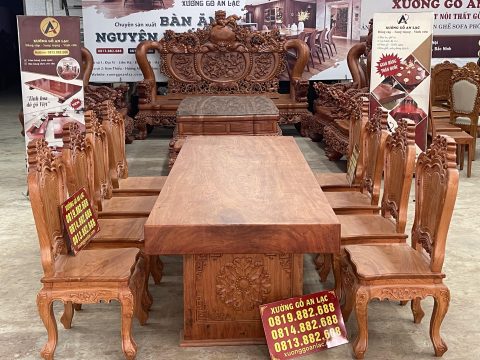 bàn ăn nguyên khối dày 15cm cùng 8 ghế louis gỗ hương
