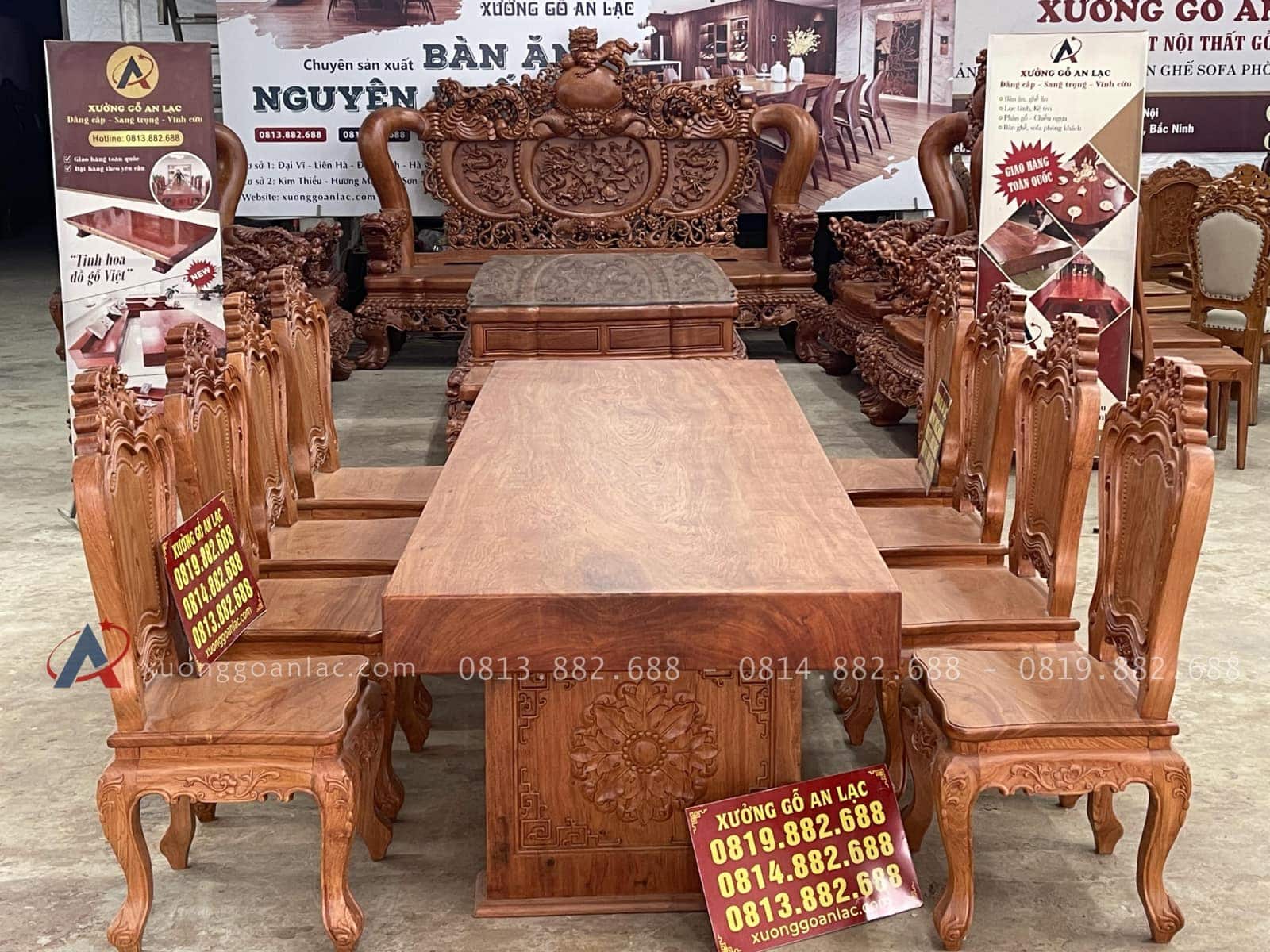 Bộ bàn ăn nguyên khối dày 15cm cùng 8 ghế louis gỗ hương đá siêu vip (Anh Hoàng, Hải Phòng) 24 bàn ăn nguyên khối dày 15cm cùng 8 ghế louis gỗ hương