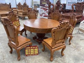 bàn ăn tròn nguyên khối 6 ghế louis gỗ gõ đỏ