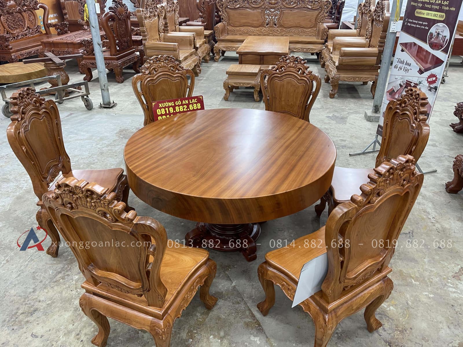Bộ bàn ăn tròn nguyên khối 6 ghế louis gỗ gõ đỏ cao cấp (Chú Khiết, Bắc Giang) 25 bàn ăn gỗ gõ đỏ