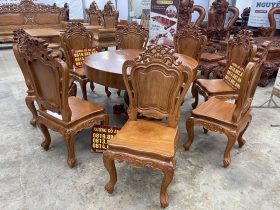 Bộ bàn ăn tròn nguyên khối 8 ghế louis gỗ gõ đỏ siêu vip (Chú Thể, Cao Bằng) 15 bộ bàn ăn 8 ghế rộng rãi