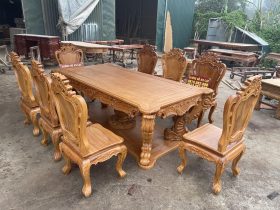 bàn ăn hoàng gia vip 8 ghế louis gỗ gõ