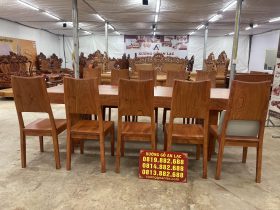 Bộ bàn ăn nguyên khối dài 2m80 và 10 ghế trơn gỗ hương đá cao cấp (Anh Triệu, Ninh Bình) 16 bộ bàn ăn 10 ghế