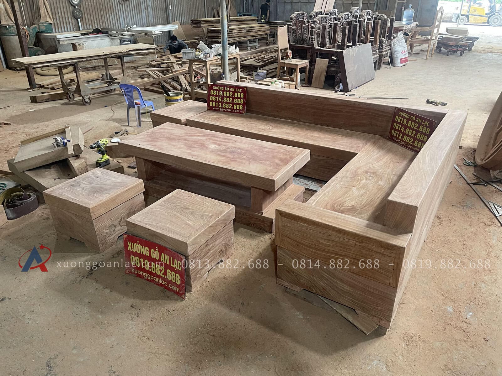 Mẫu sofa khung ván giả nguyên khối gỗ hương đá 35 bộ sofa góc chữ L nguyên khối gỗ hương đá