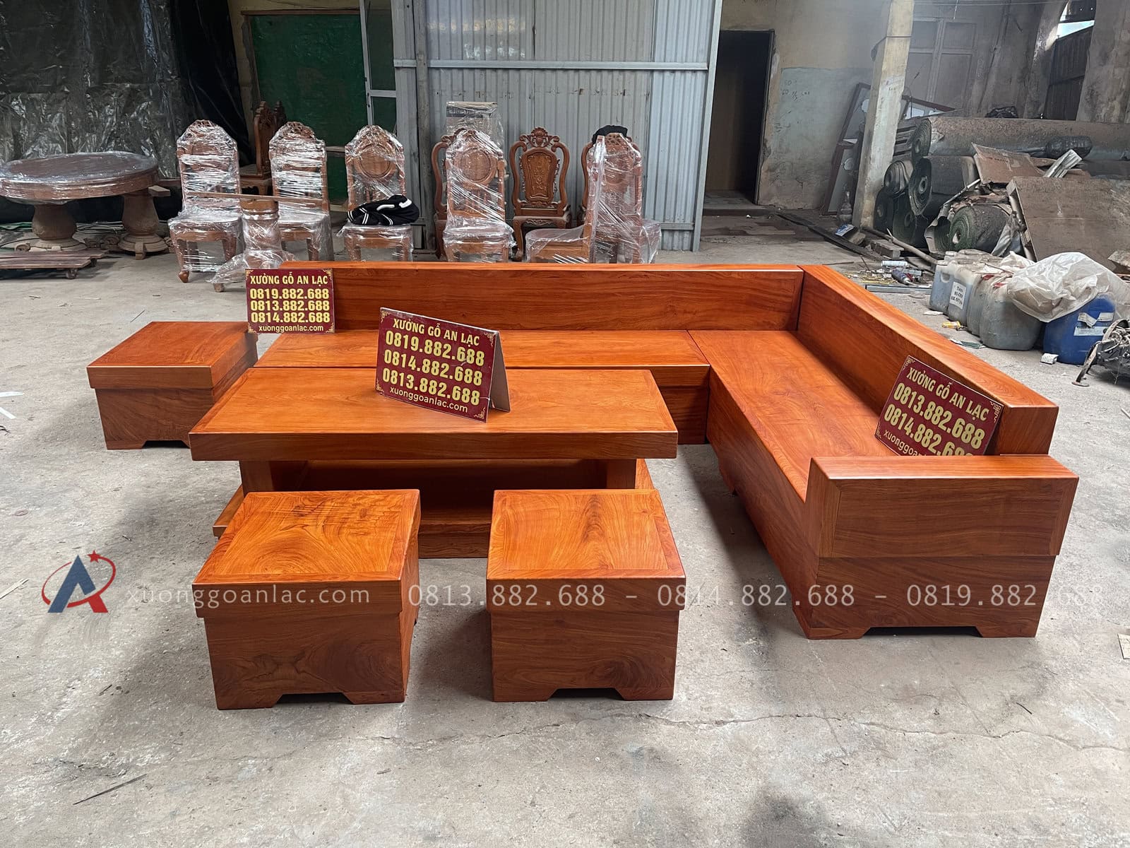 Mẫu sofa khung ván giả nguyên khối gỗ hương đá 28 bộ sofa góc chữ L nguyên khối gỗ hương đá
