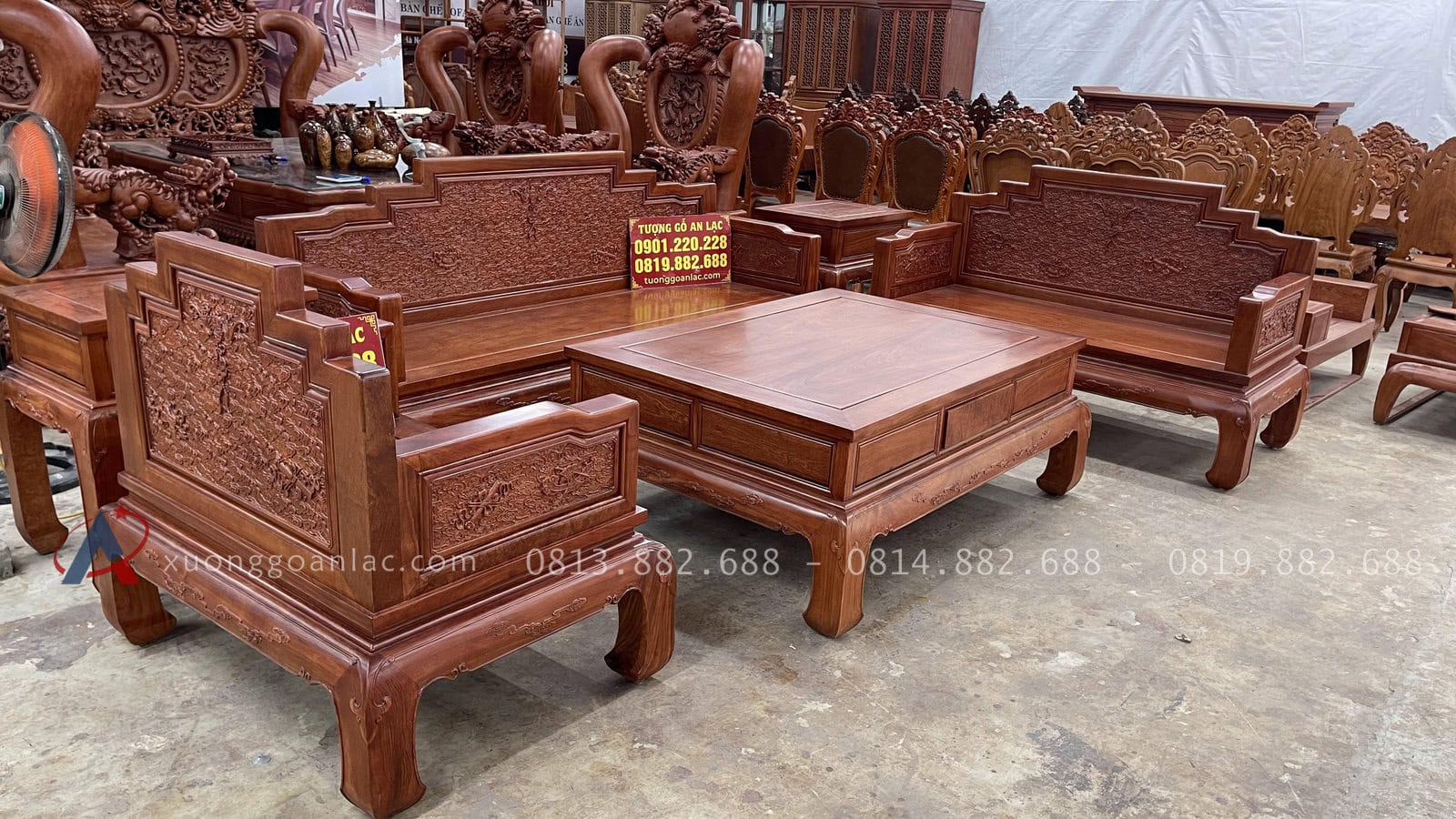 Bộ bát bảo 123 gỗ hương đá 6 món (Anh Thái - Bắc Ninh) 10 Bộ bát bảo 6 món gỗ hương đá:Đoản dài : 2m27 x sâu 67 x cao 97cm