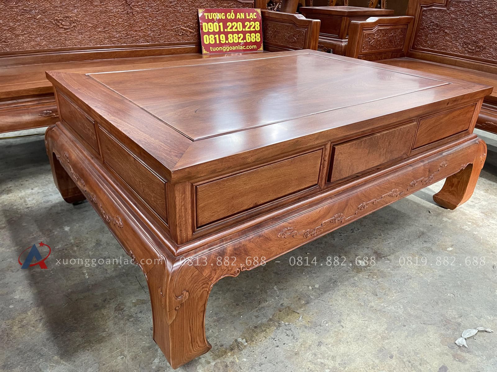 Bộ quốc sắc gỗ gõ 7 món (anh Tâm - Bình Phước ) 9 Ghế đôi : 1m65 x sâu 67 x cao 97cm