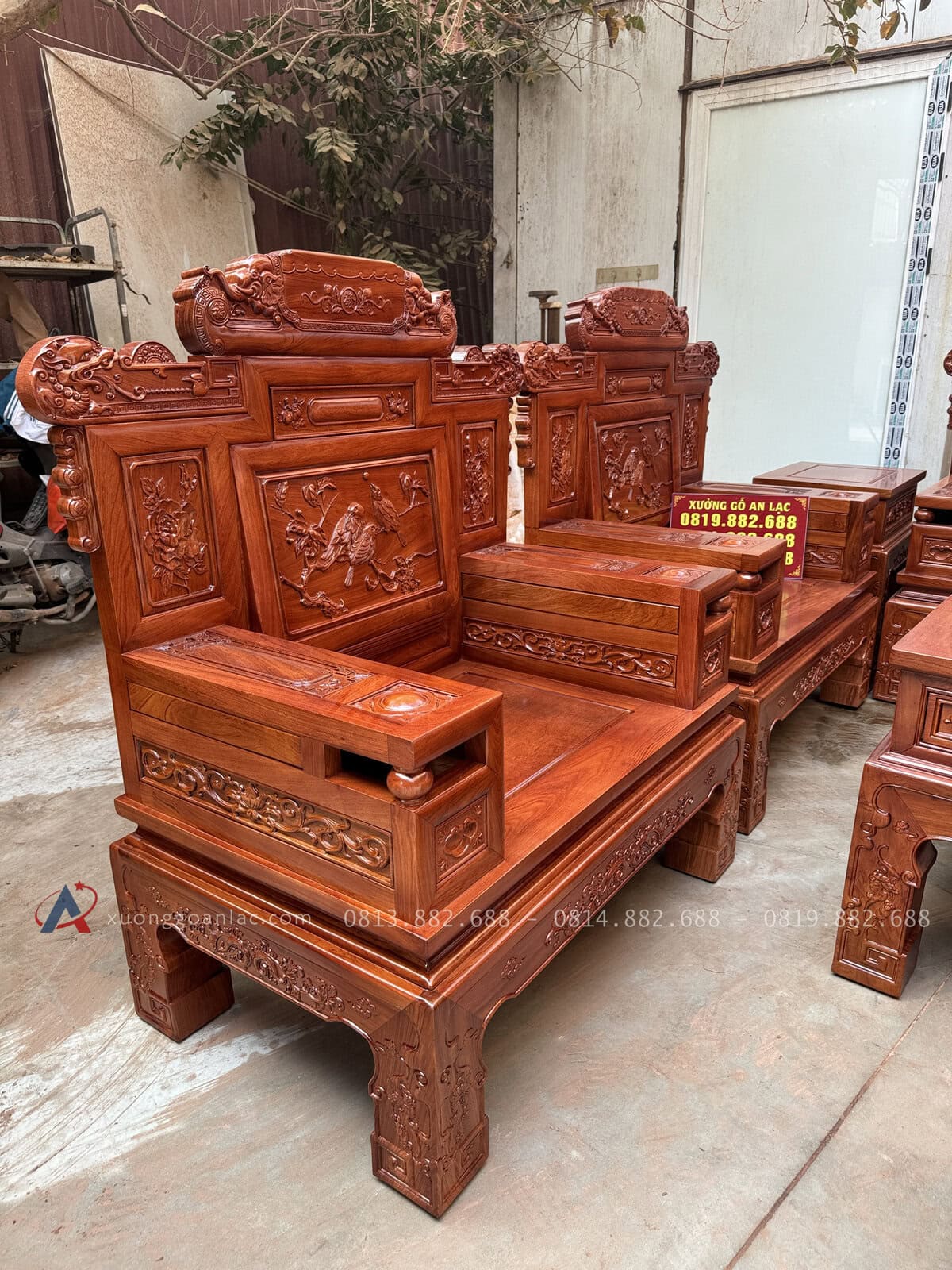 Bộ PHù Dung Gỗ Hương Đá 10 Món (Anh Tuấn - Bình Thuận ) 33 4 chiếc ghế đơn được thiết kế với kích thước 1m10 x sâu 65 x cao 1m28